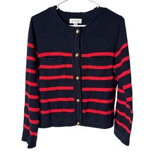 FREE ASSEMBLY Women’s Navy Red Striped Knit Preppy Cardigan Sweater Button Sz M